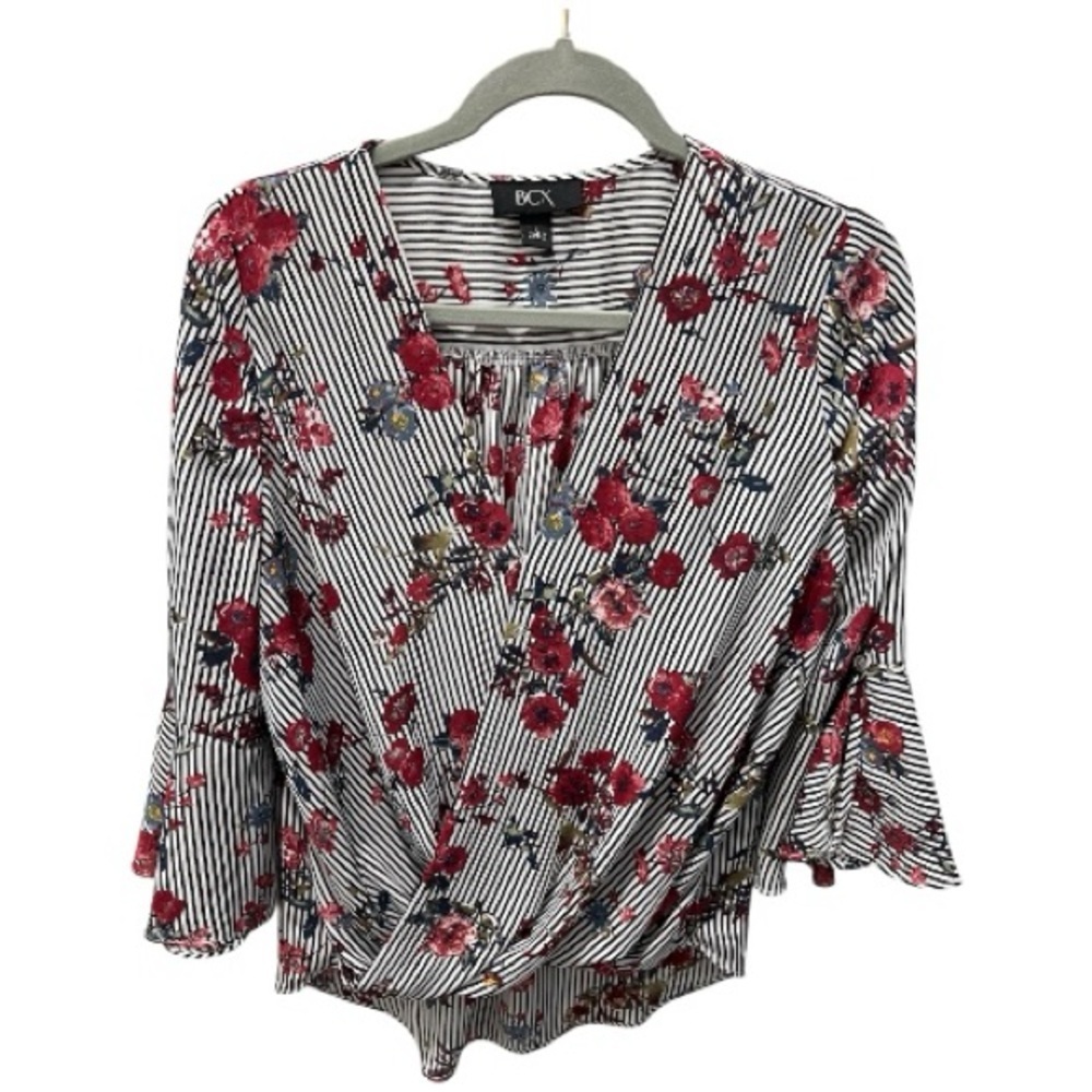 BCX Floral Stripe Wrap Front Bell Sleeve Blouse Women’s Large